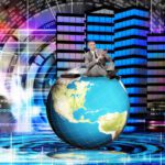 Zakenman zittend op een wereldbol, symbool voor wereldwijde financiële zaken en de internettechnologie van StockChart.