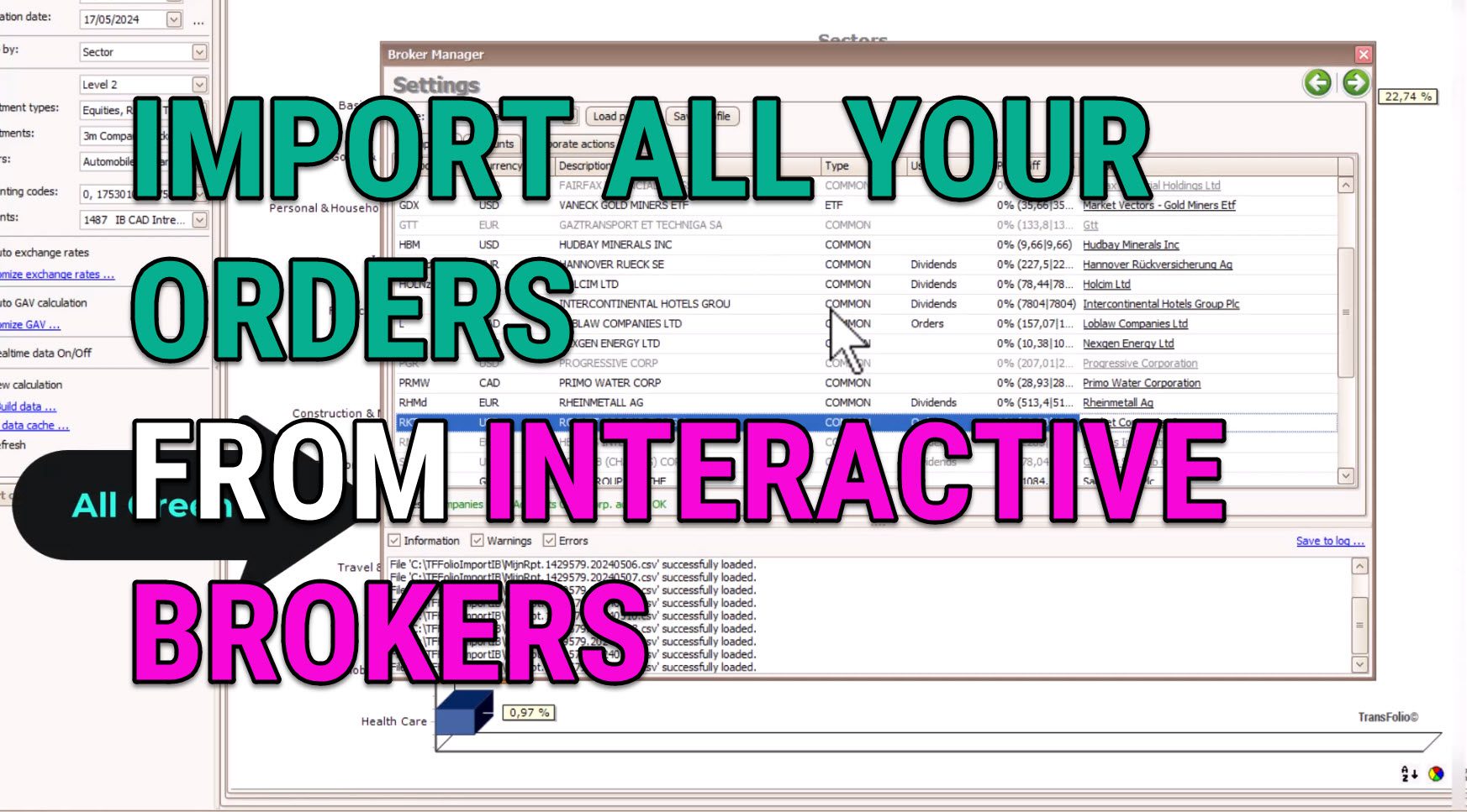 Screenshot of Transfolio interface showing the import process of transactions from Interactive Brokers