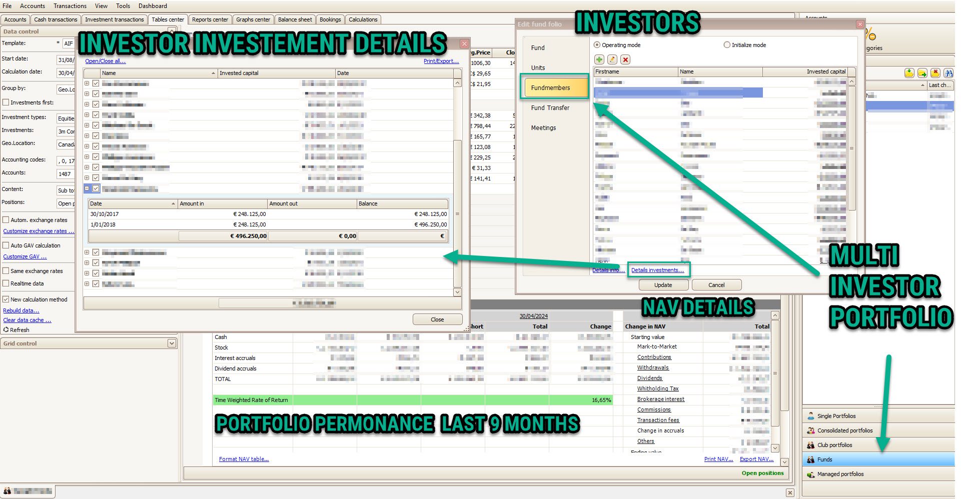 Overzicht van een Multi Investor Portefeuille in TransFolio software