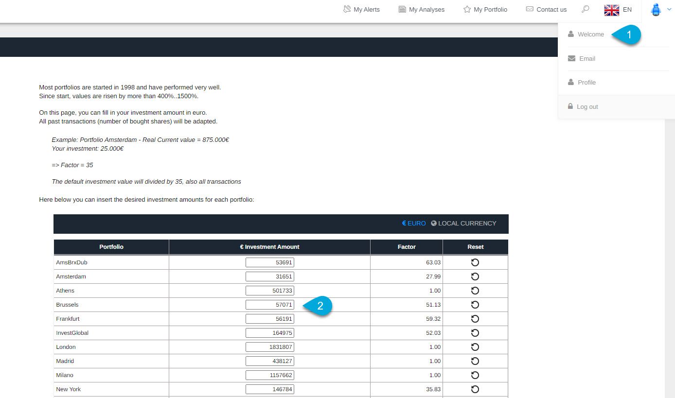 BeursGrafiek startbedrag instellen: Welkom-pagina met veld om startbedrag in te stellen