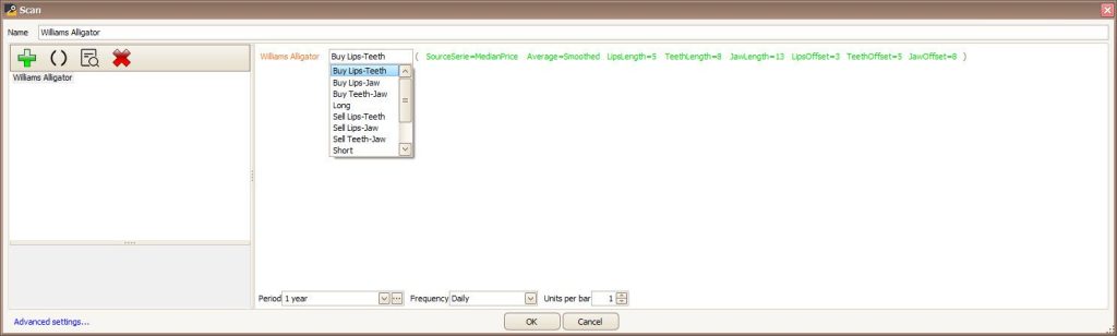 TransTrader: Williams Alligator scanfilter met acht selecteerbare condities (Buy/Sell/Long/Short)