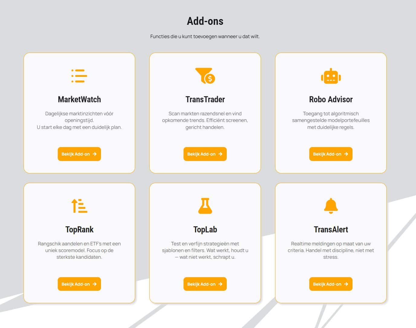 TransStock add-ons: TopRank, TopLab, RoboAdvisor, TransTrader, TransAlert