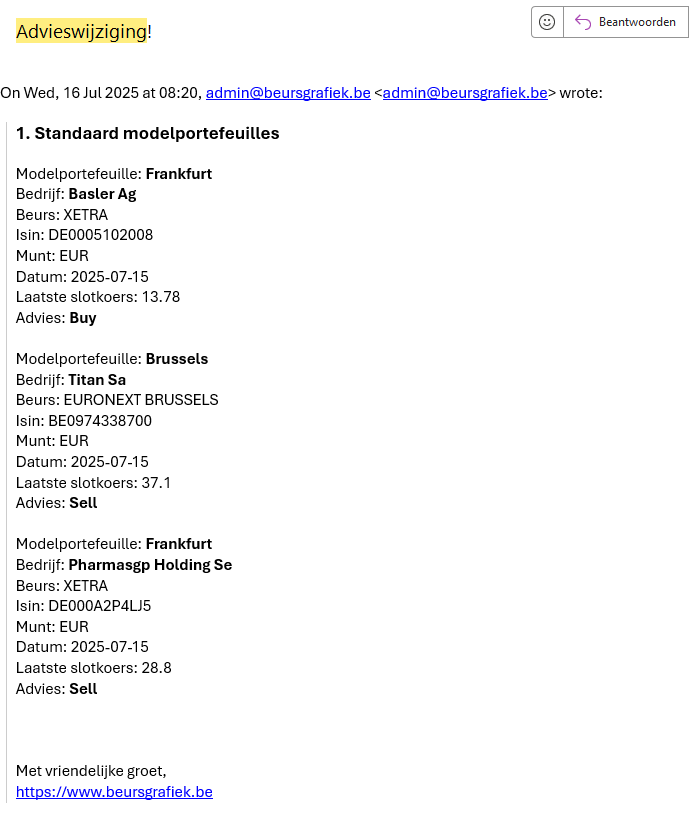 Voorbeeld e-mail met wijzigingen in modelportefeuilles