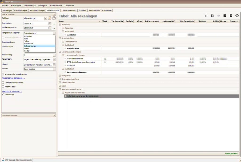 TransFolio weergave met activaklasse sector en regiomix in een dashboard 1