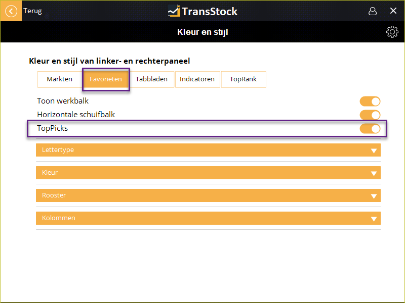 Gouden ster in TransStock om aandelen toe te voegen aan TopPicks