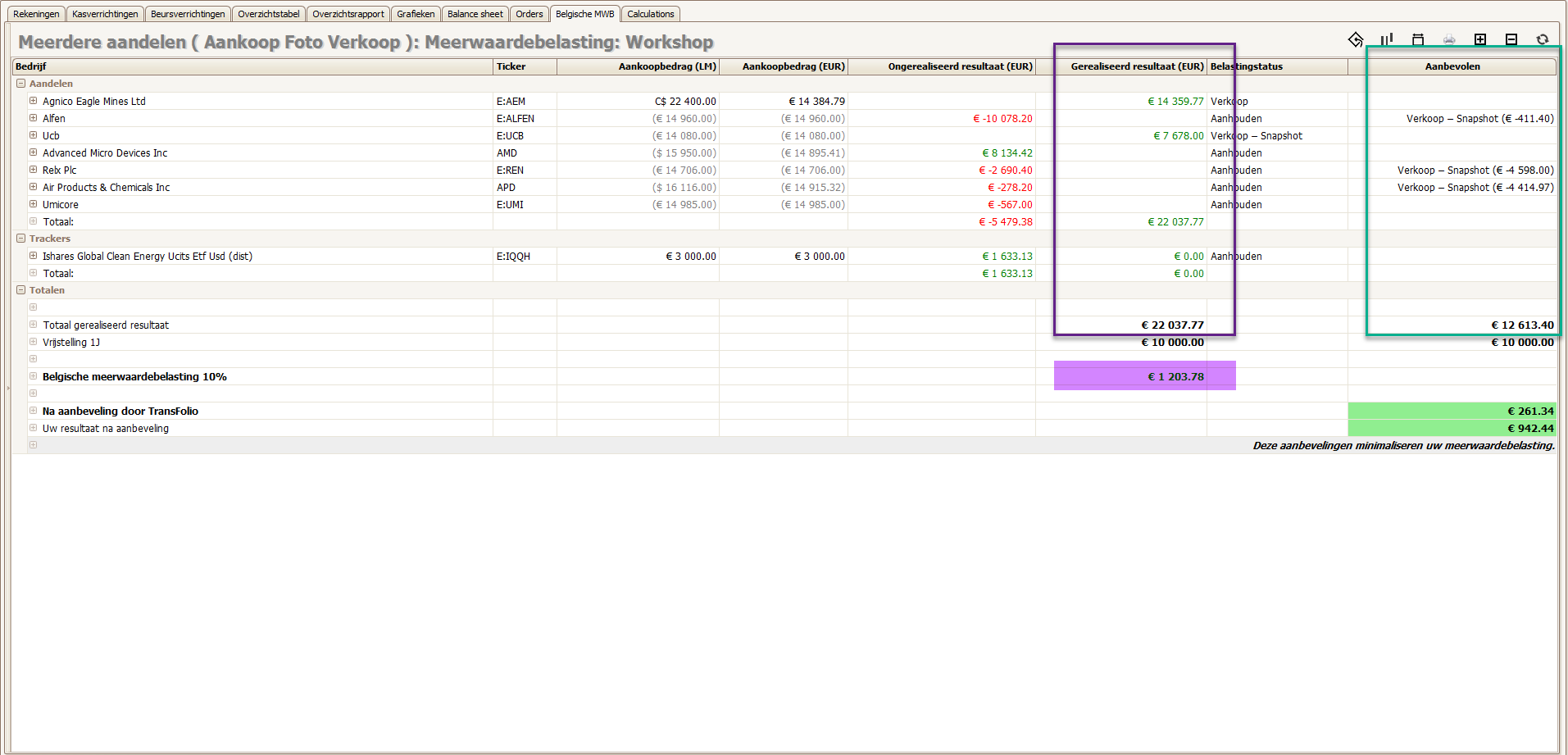 TransFolio tabblad meerwaardebelasting met aanbevelingen